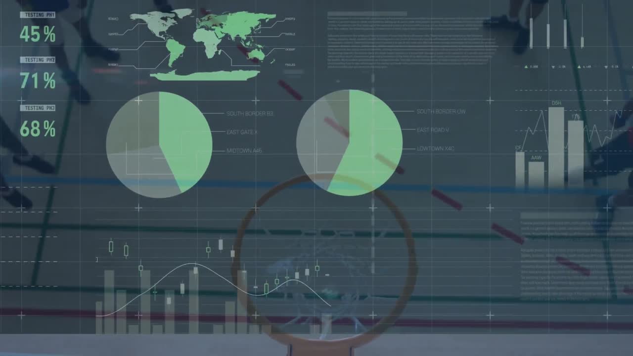 animación del procesamiento de datos financieros sobre diversos jugadores de baloncesto masculinos en el gimnasio