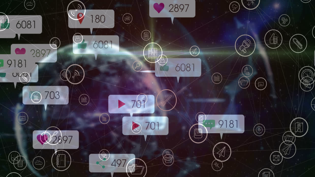 전 세계 소셜 미디어 아이콘과 숫자의 애니메이션