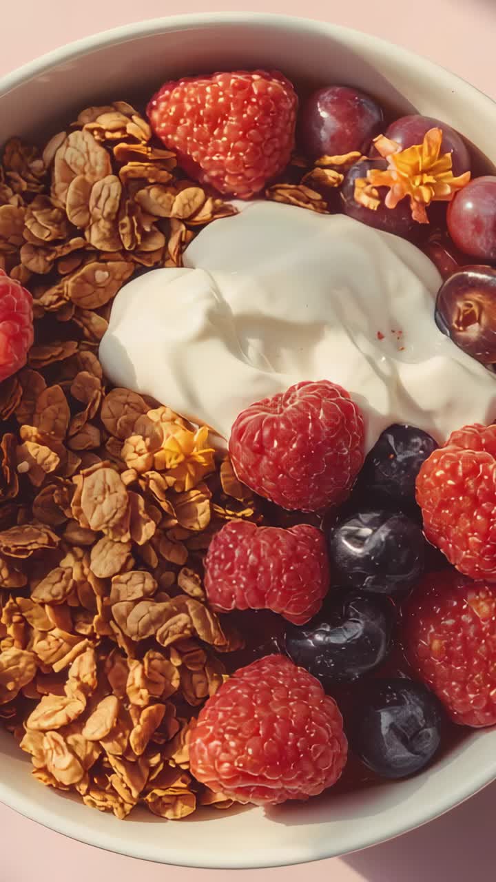 Vertical video: Rotating camera pushing in on bowl on pink table, showing granola, yogurt, berries