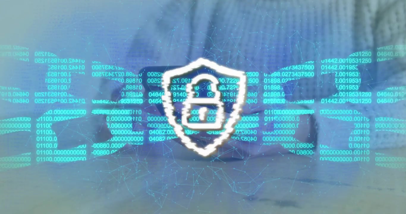 Woman tapping phone, starting code-chain glitching then settling into padlock securing data