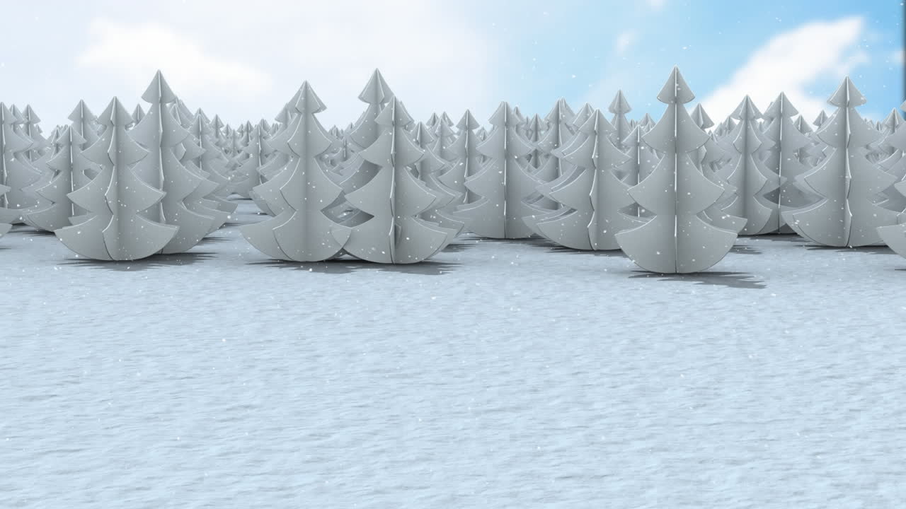 푸른 하늘을 배경으로 겨울 풍경에 여러 나무 위에 눈이 내리고 있습니다.