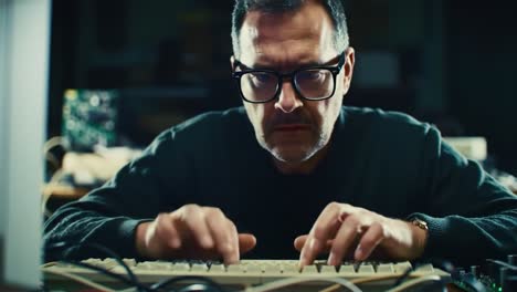 focused programmer in action: a dedicated individual engaged in serious coding and debugging on a classic keyboard in a tech-driven environment