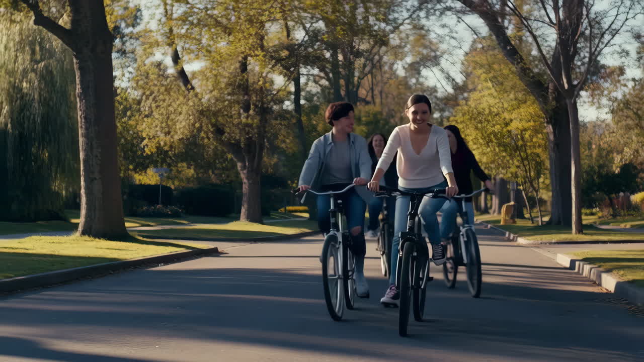 Group of friends cycling on a tree-lined street