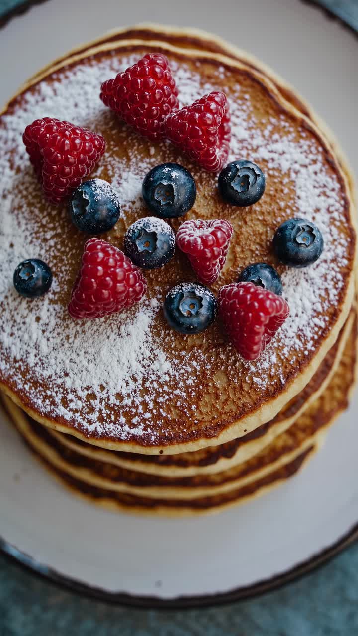 Ripresa video dall'alto di pancake guarniti con lamponi, mirtilli e zucchero a velo.