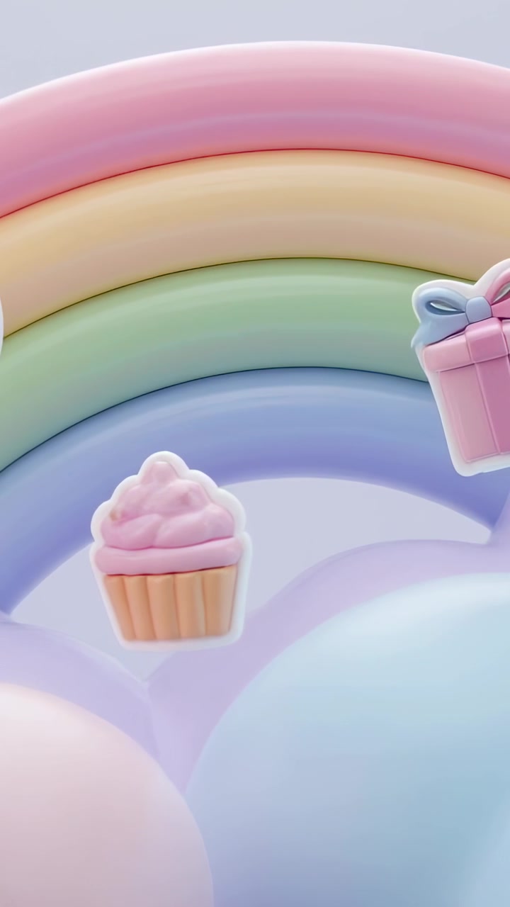Video verticale: Animazione in loop, arco arcobaleno pastello che incornicia una festa con cupcake, regalo e palloncini che fluttuano.