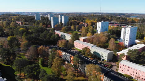 Apartment-buildings-of-Kortedala-district-in-Gothenburg,-aerial-drone-view