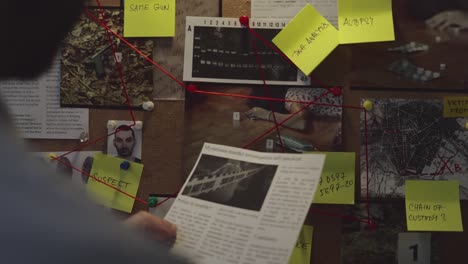 camera zooms in over the investigator's shoulder as they read a newspaper article about the case in front of an evidence board