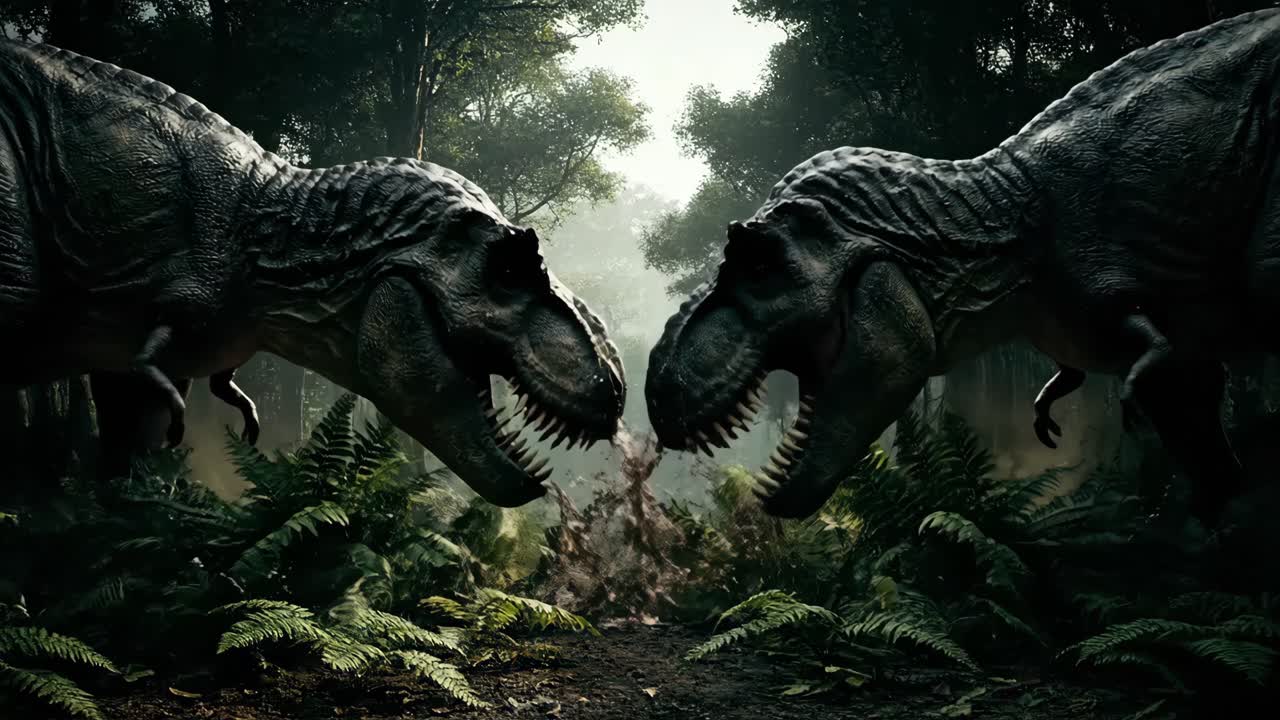 Two T-Rex Dinosaurs in a Forest