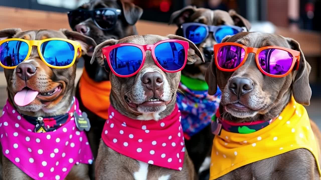 un grupo de perros con gafas de sol y bandanas de colores