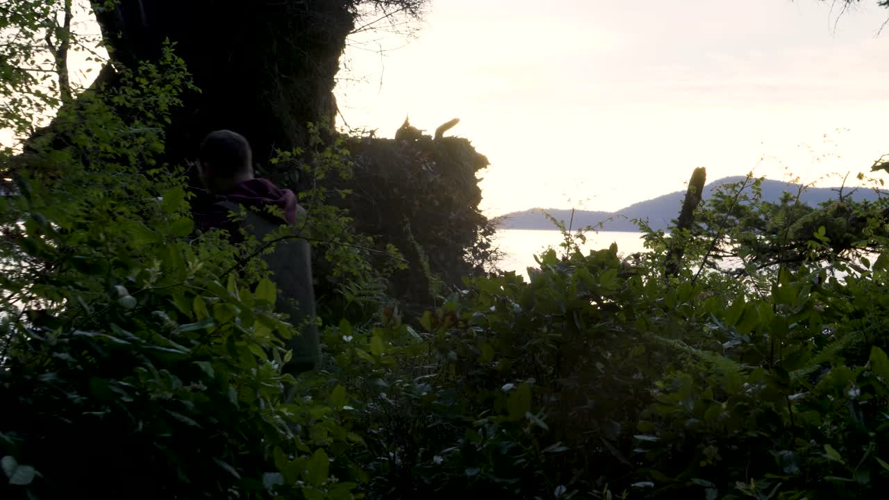 Vista da dietro di un uomo che cammina tra la vegetazione lungo la costa del Washington Park ad Anacortes, Washington, USA
