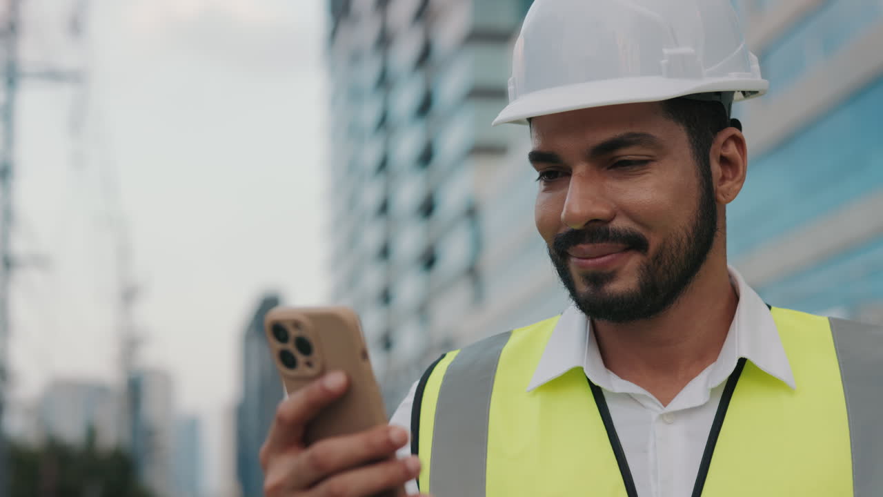 trabajador de la construcción que usa un teléfono inteligente
