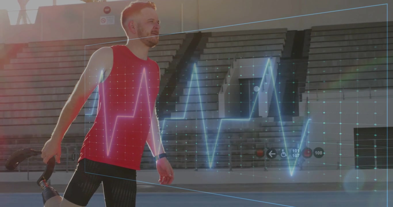 Fitness sportovec provádí protažení kvadricepsu s balancováním, kamera stoupá, HUD vlnový průběh překrývá hruď, připravuje se.