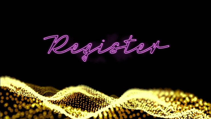 Animation of register neon text and data processing over black background