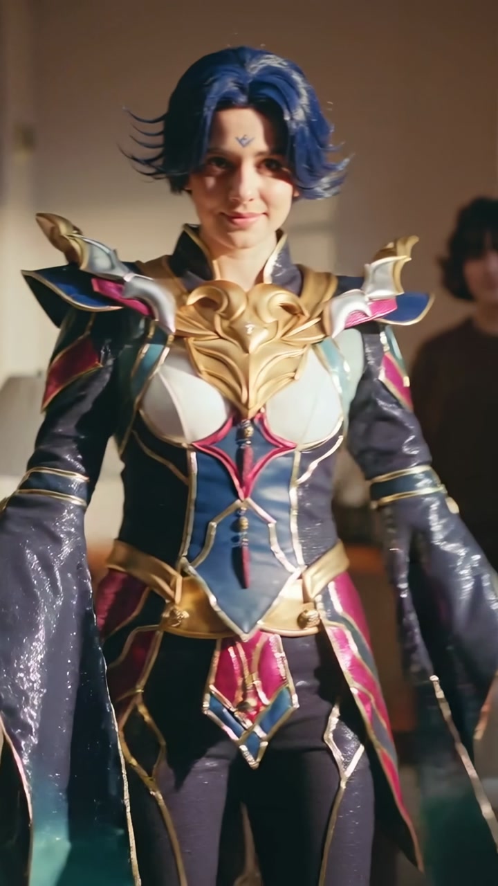 Vertical video: Stepping spinning cosplayer showing armor at home, sweeping sash, wearing blue wig