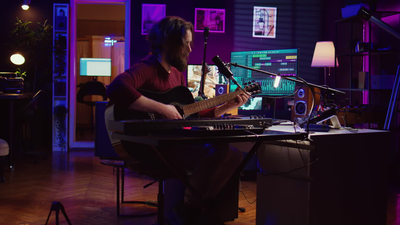 Music producer singing song and playing acoustic guitar
