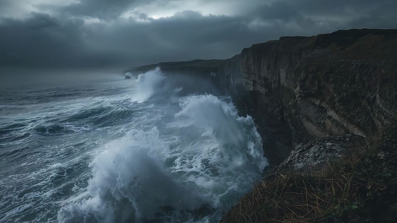 Pounding ocean waves rising from storm swells and crashing into rocky coastline, with swirling foam