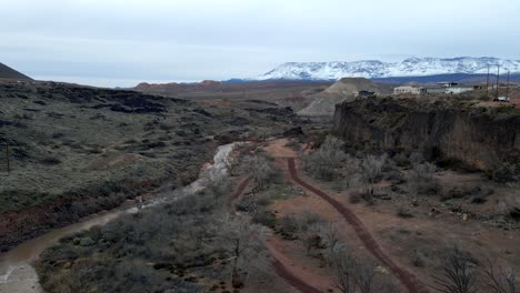 the virgin river flowing in a gorge below the town of la verkin, utah - static wide angle view