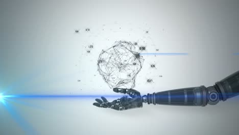 Animation-of-network-of-processing-data-over-hand-of-robot-arm,-with-blue-light-on-grey-background