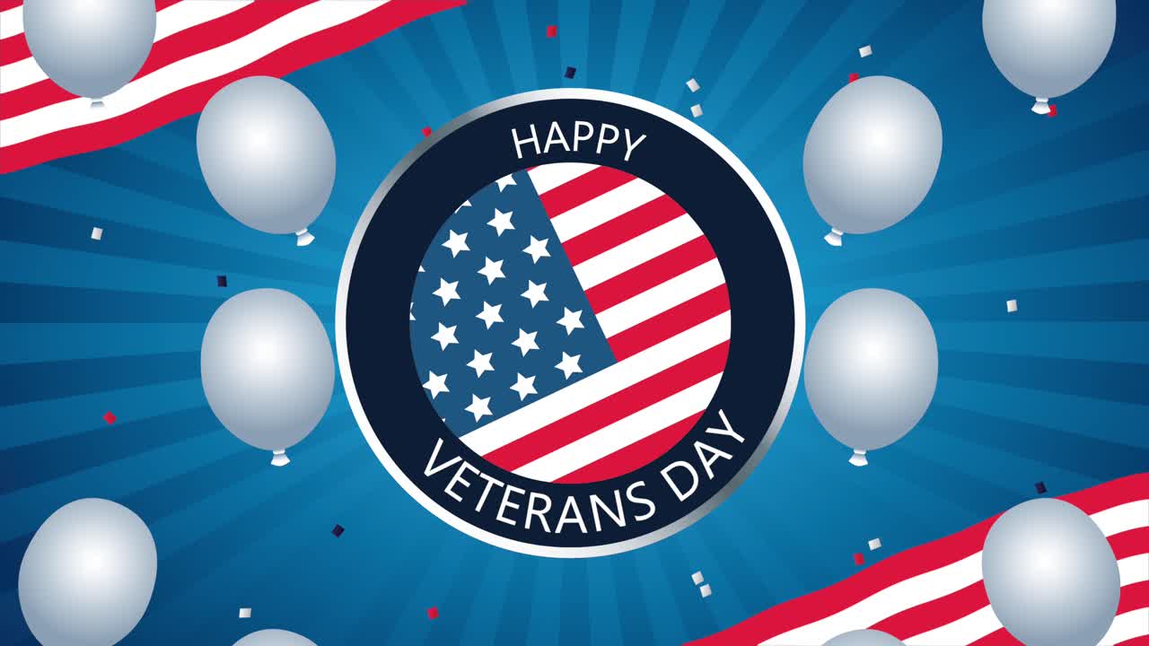 행복한 참전용사 날 발과 풍선 헬을 가진 글자 애니메이션