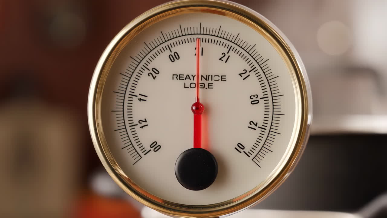 Close-up of an Analog Gauge with Red Needle and Gold Rim