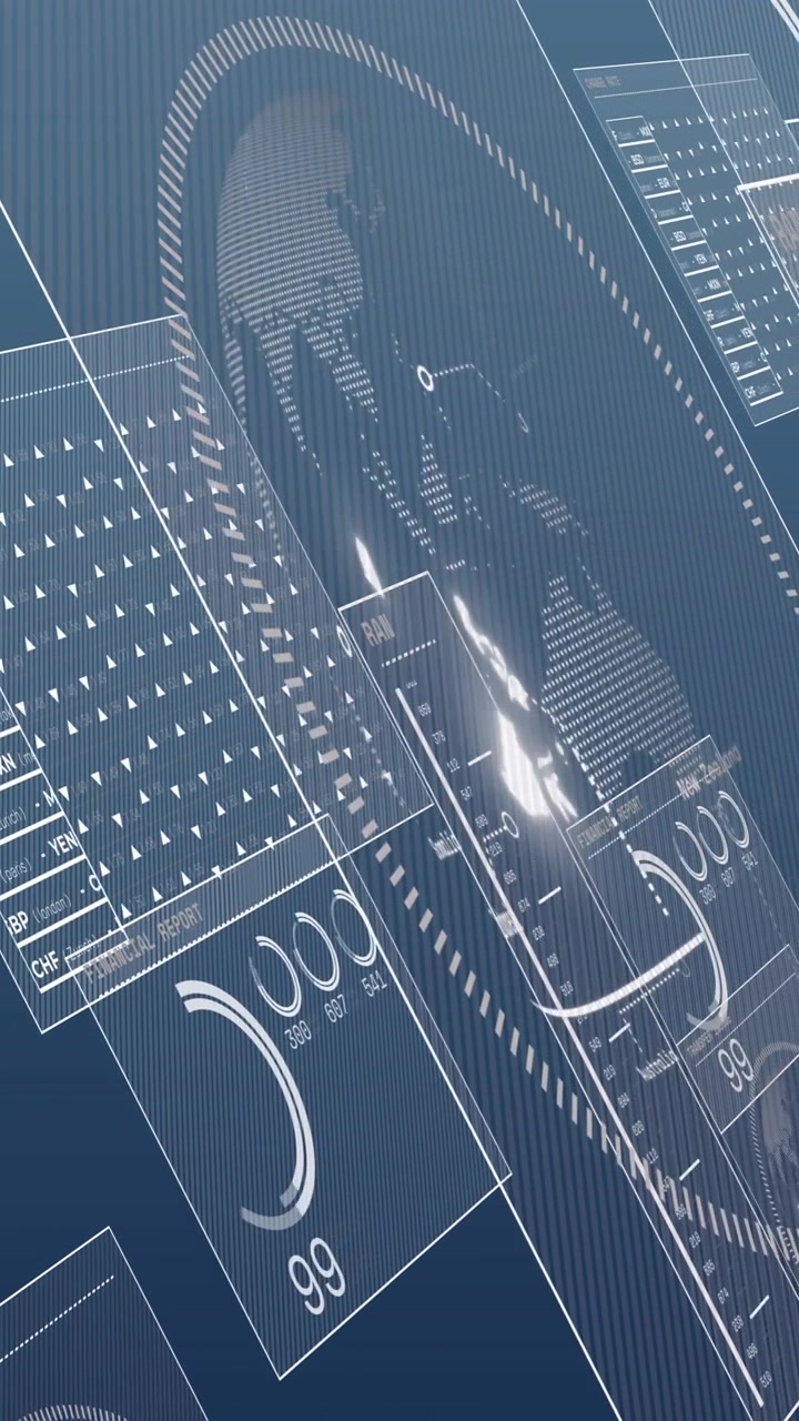 Animation of screens with data processing over blue background