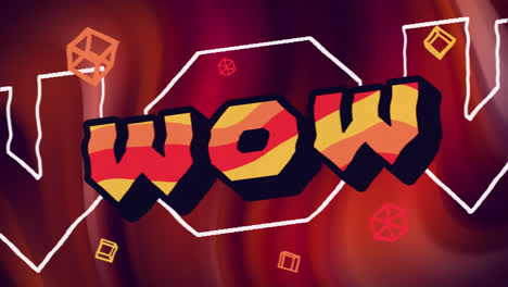 animación de texto wow en naranja y amarillo con formas flotantes sobre niebla roja en negro