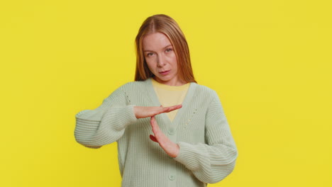 tired upset woman showing pause gesture limit or stop sign time out take a break relax rest