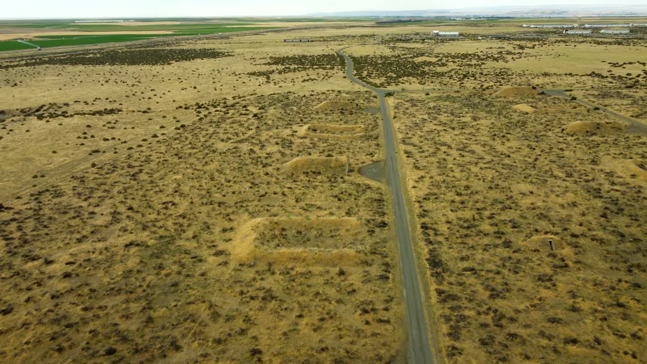 US, Oregon, Umatilla, 2025-08-03 - Drone view of abandoned storage bunkers at the former Umatilla Chemical Depot
