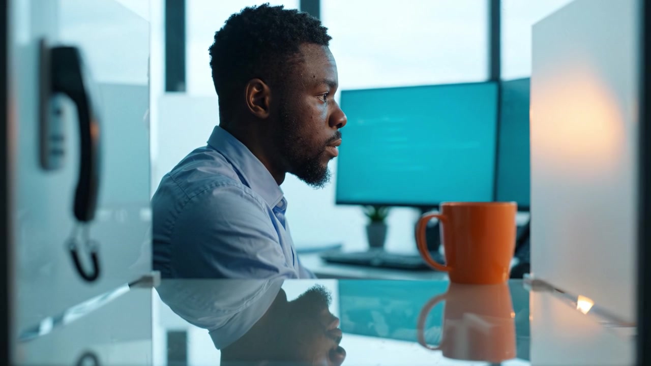Focused Individual in Office Setting Engaged in Work with Computer Screens and Coffee Mug, Highlighting Concentration and Productivity in a Modern Workspace