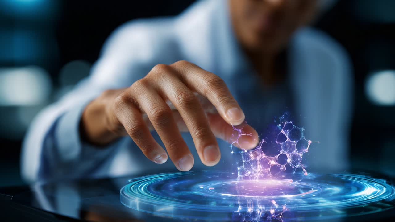 A brilliant display of futuristic technology where a person manipulates holographic elements with precision, showcasing the intersection of science and digital creativity through captivating visual effects