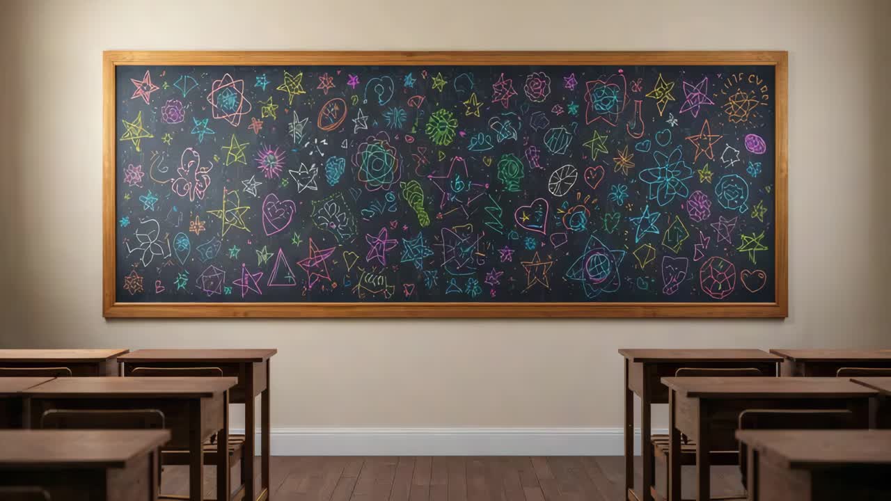 Classroom with Colorful Drawings on Blackboard