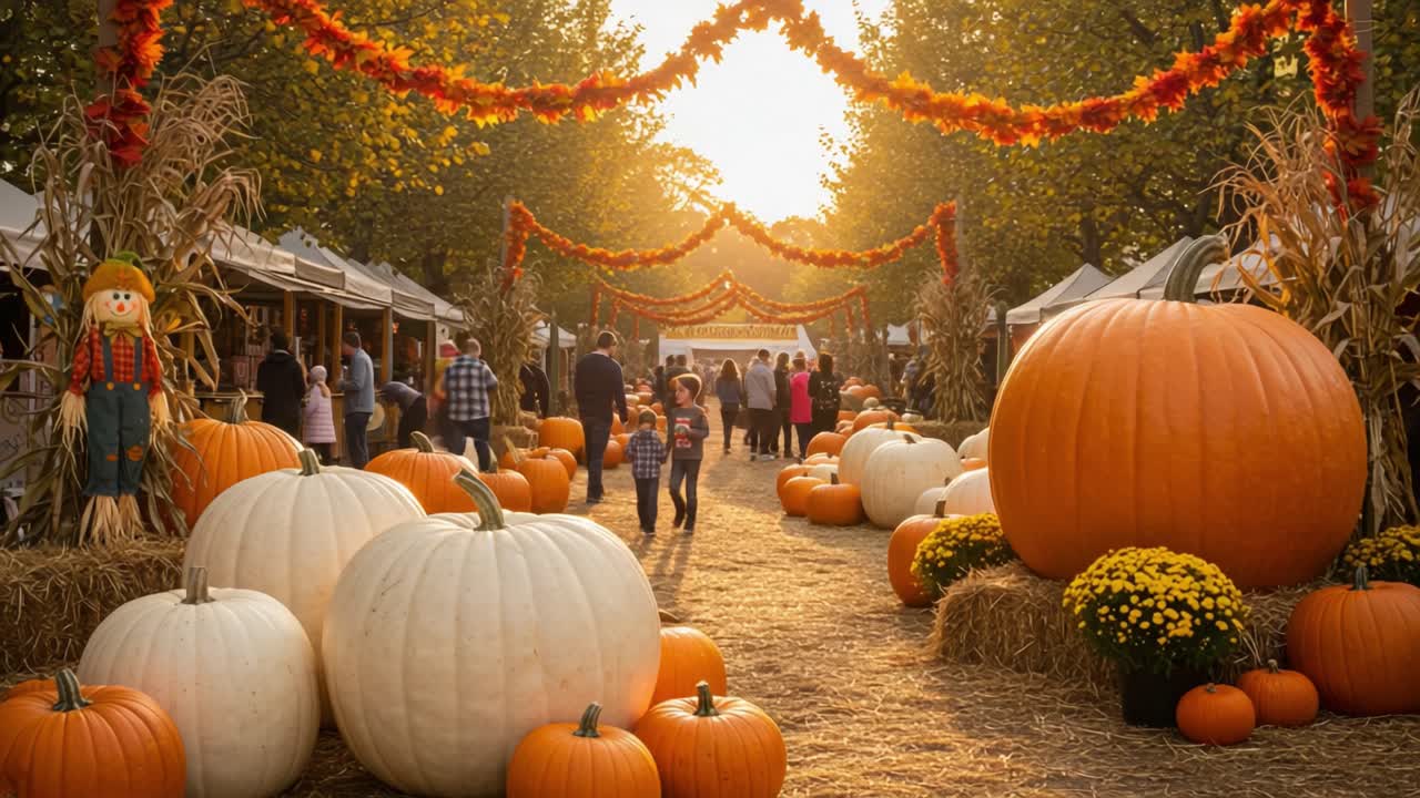 Autumn Harvest Festival: A Vibrant Celebration of Fall with Stunning Pumpkins and Festive Decorations at Sunlit Marketplace for Family Enjoyment