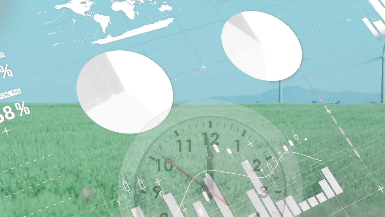 풍력 터빈에 대한 시계, 통계 및 데이터 처리의 애니메이션
