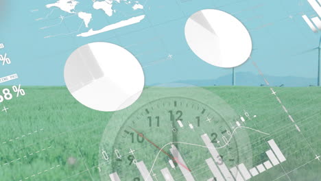 animation of clock, statistics and data processing over wind turbines