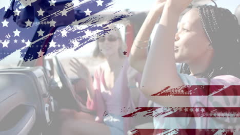 animation of flag of usa over happy diverse women in car by beach in summer