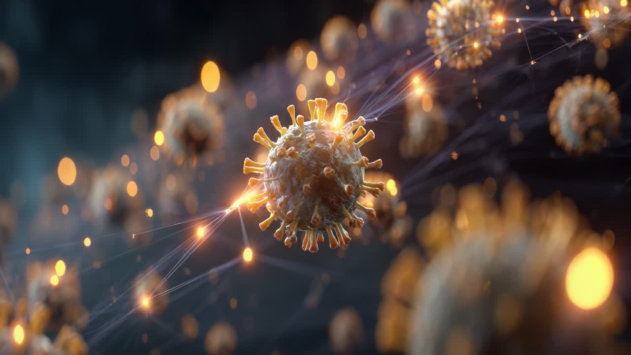 A Close-Up Perspective of Microscopic Viral Particles Capturing Realistic Details Under a Creative Light, Showcasing the Intricacies of Viral Structures and Networks