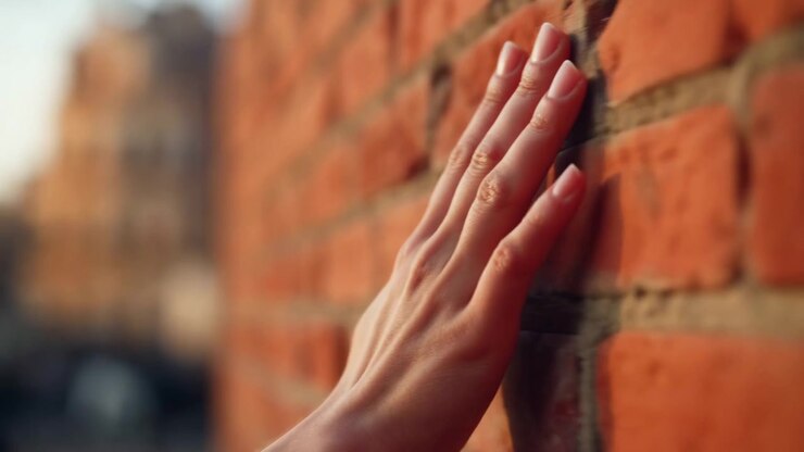 Main glissant latéralement le long d'un mur de briques rouges patinées, les doigts et la paume établissant un contact tactile doux avec la texture rugueuse de la maçonnerie, une lumière latérale chaude, une ombre douce et un flou subtil ajoutant une sensation sensorielle discrète.