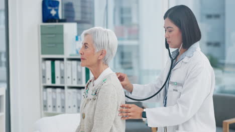 Elderly-woman,-doctor-and-stethoscope-on-back-to