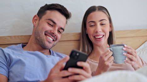 Happy-couple,-coffee-cup-and-phone-in-bed