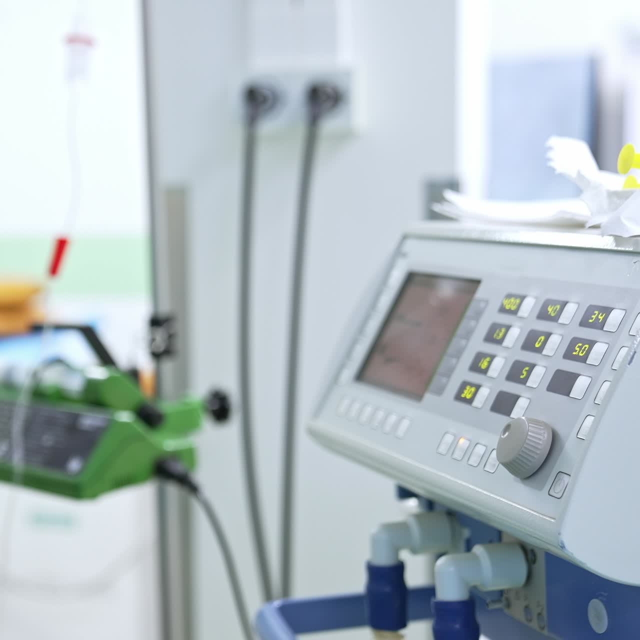 Modern equipment in surgery rooms. Devices used during contemporary surgical invasions in blur