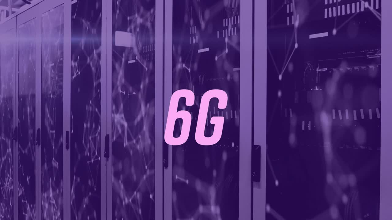 animación de texto de 6g con red de conexiones a través de la sala del servidor