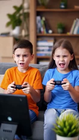 two brother and sister playing video games in the living room at home.