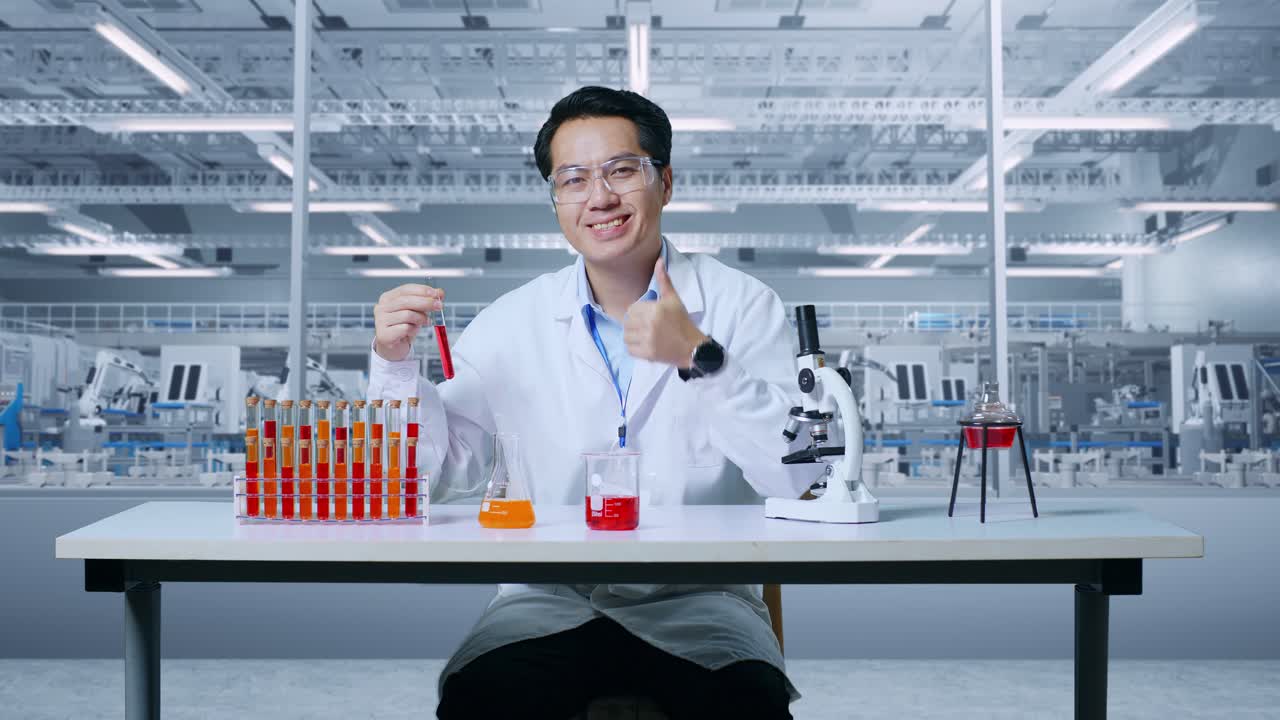 연구실에서 현미경과 함께 테이블에서 작업하는 동안 웃고 엄지손가락을 보여주는 실험 튜브를 보는 아시아 남자 과학자, 실험실에서 플을 분석하는 작업