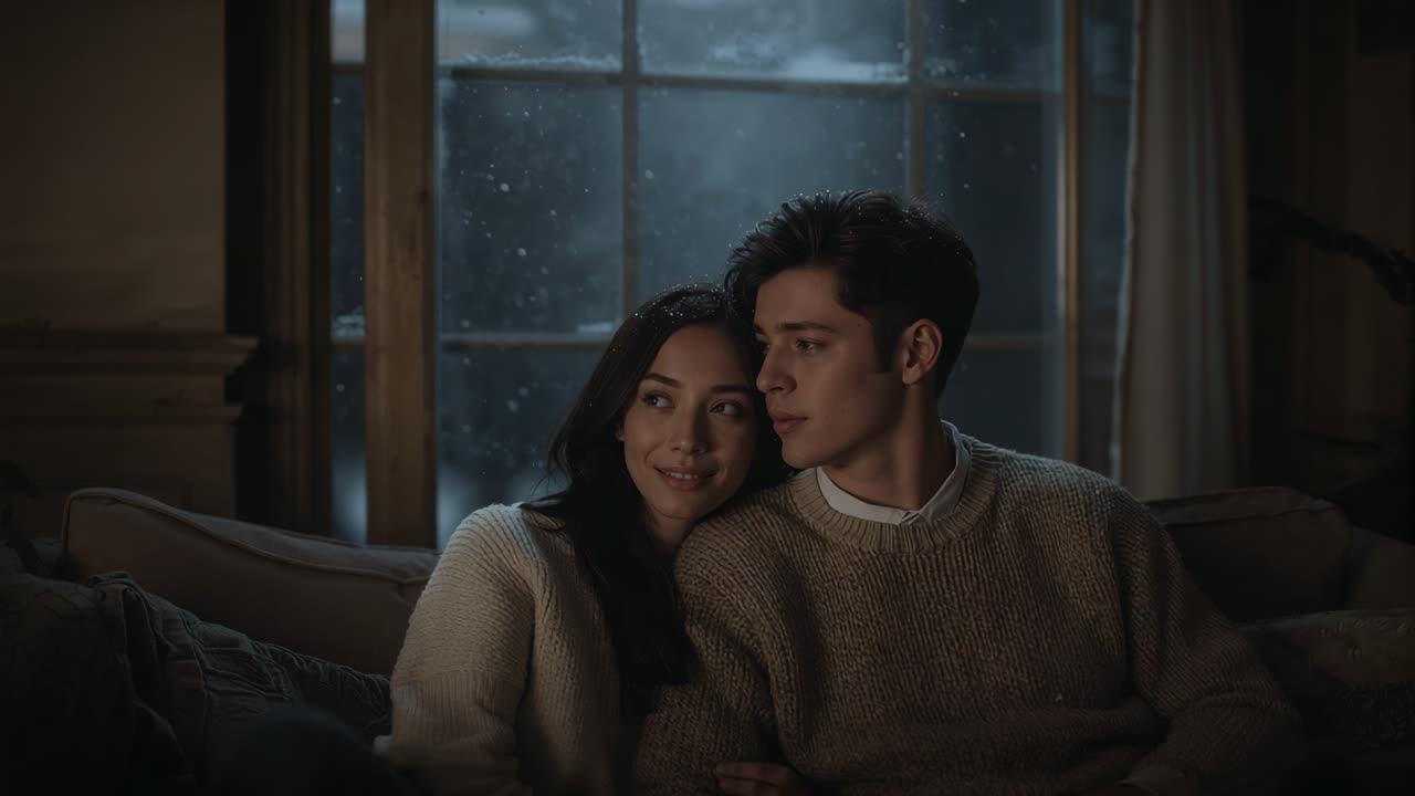 Cuddling couple responding to night quiet, woman leaning on man, man shifting gaze on sofa, knits