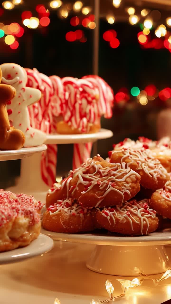 A Festive Display of Tempting Pastries Featuring Colorful Donuts, Delightful Gingerbread Cookies, and Candy Canes Surrounded by Sparkling Christmas Lights, Perfect for Holiday Celebrations