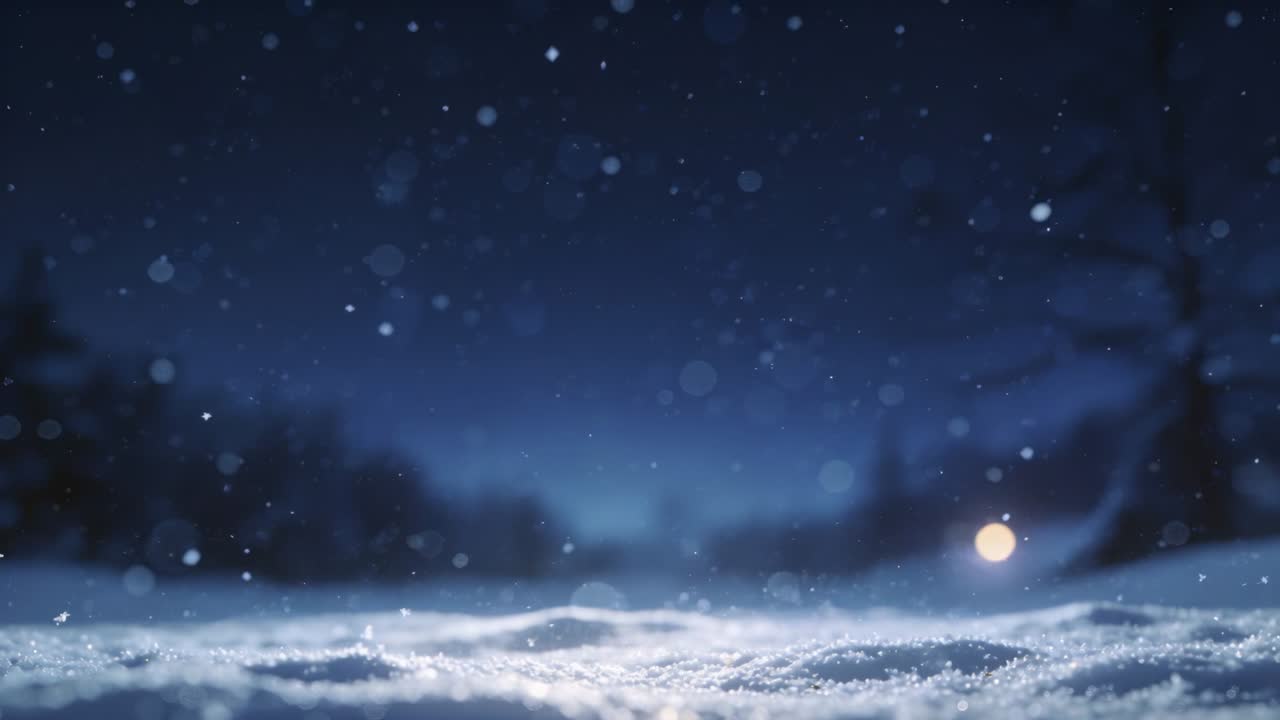 Pystyvideo: Ensimmäiset hiutaleet putoavat, lumikenttä kimaltelee yöllä lämpimän valon ja bokehin kera.