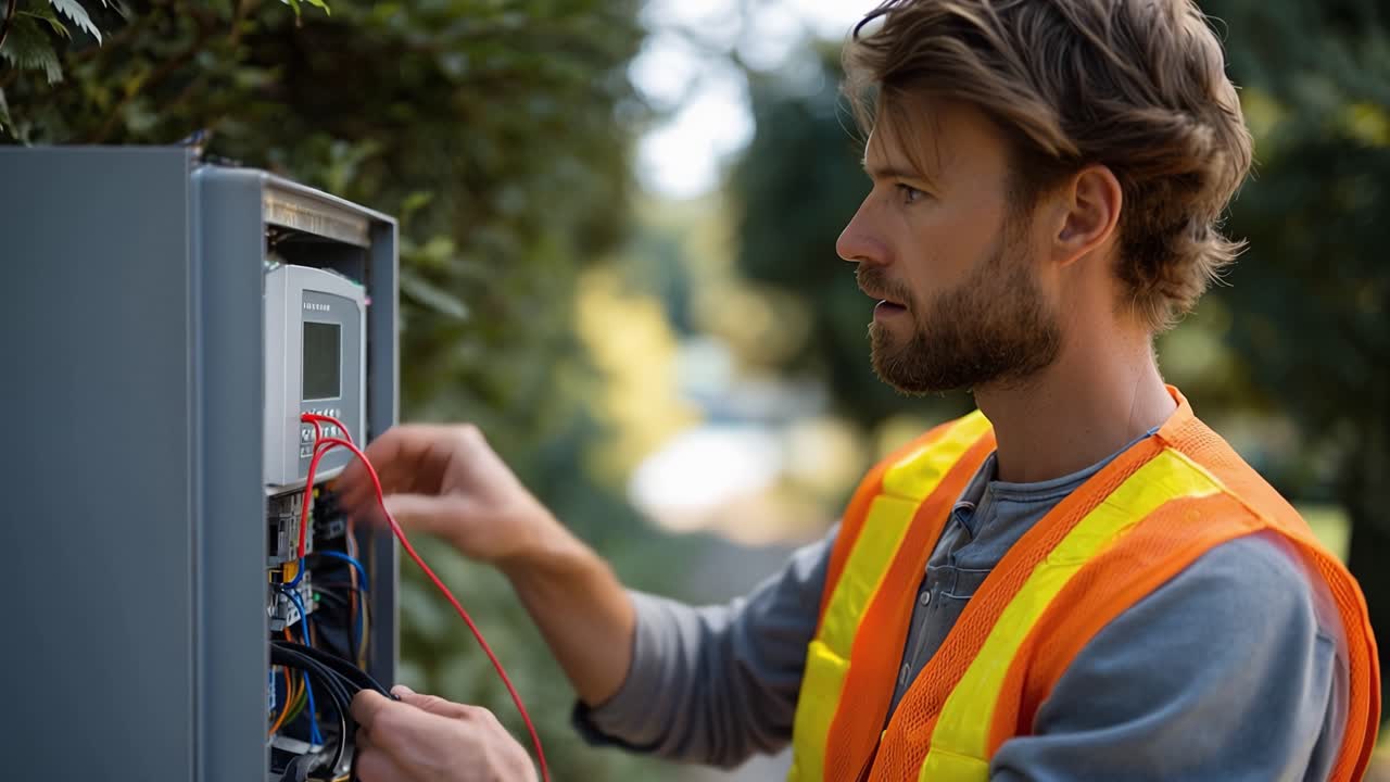Un tecnico controlla un contatore elettrico all'esterno. Indossando un giubbotto di sicurezza, maneggia i fili con cura. Concentrato, regola i collegamenti con mani ferme. Ideale per servizi pubblici e costruzioni.