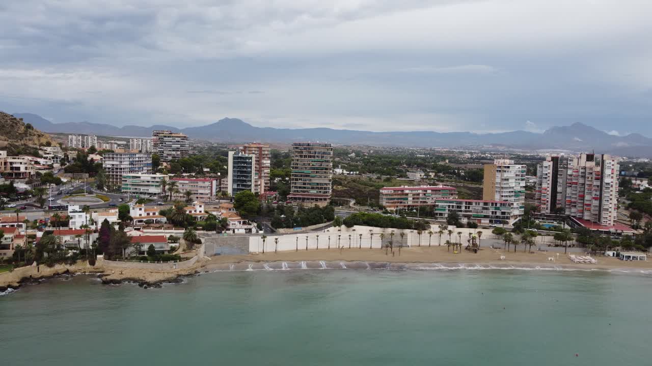 Alicante Spain beach in off season, empty with no tourists, aerial drone