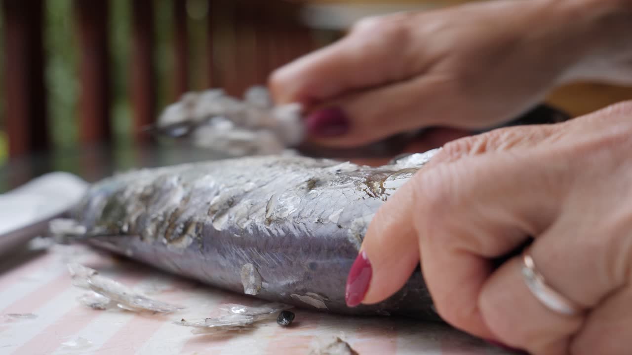 mujer quita las escamas de pescado con un cuchillo de cocina, vista lateral estática