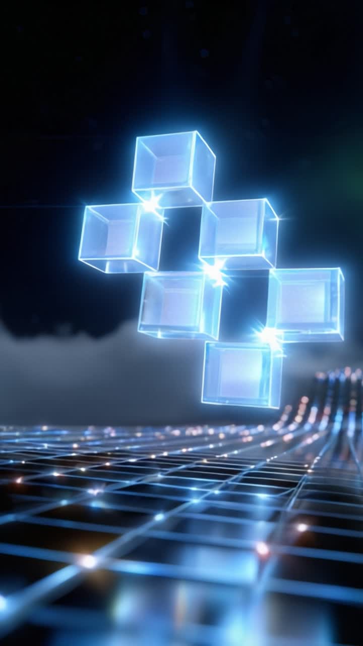 A futuristic representation of translucent cubes floating above a dynamic grid, showcasing innovation in digital design and technology through glowing elements and patterns